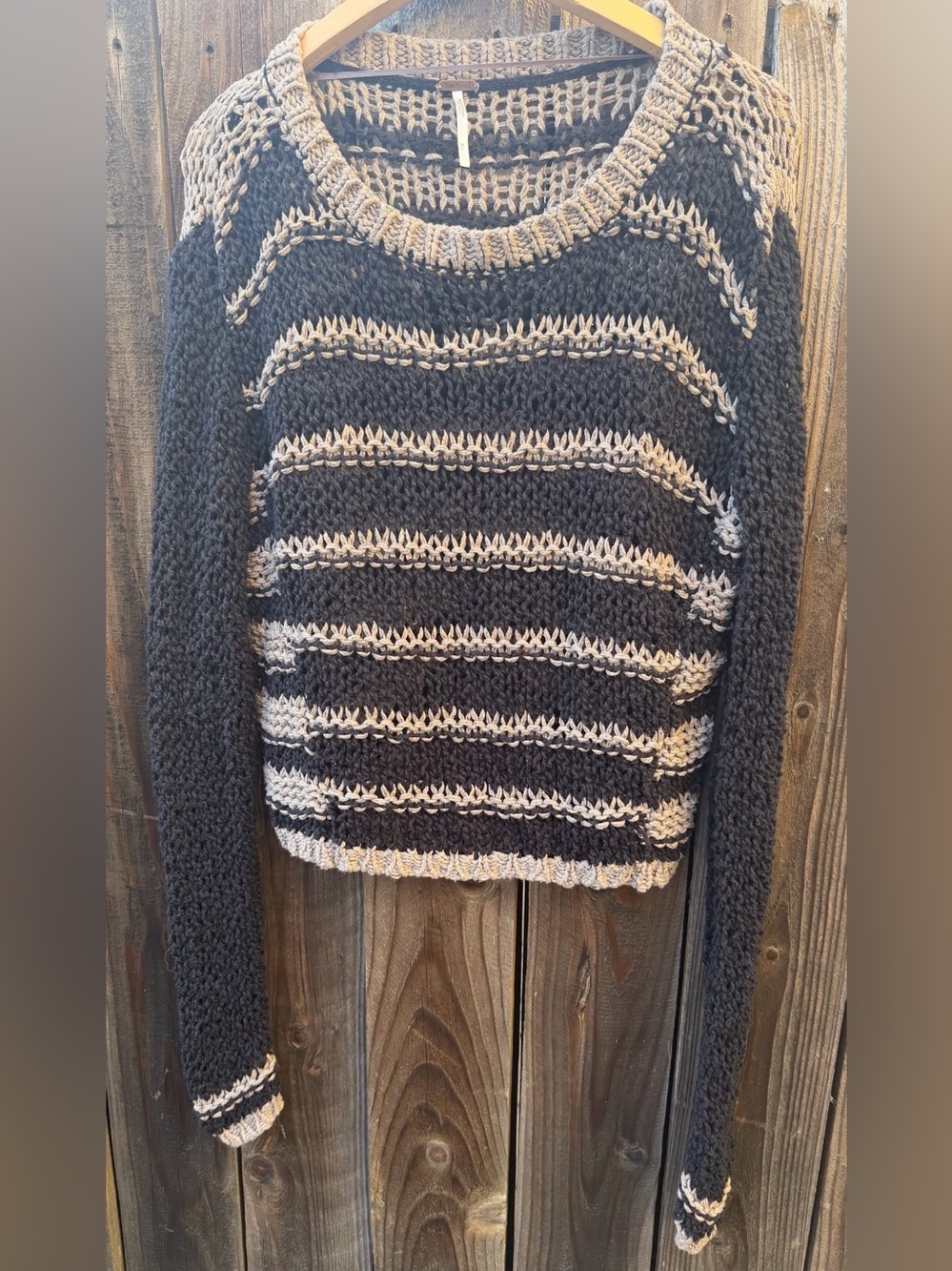 Free People Black and Cream Striped‎ Open-Knit Crewneck Sweater Medium